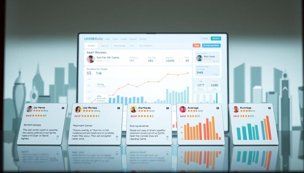 A detailed, high-quality image of "User Review Analysis" for the UHO88 online casino. The image features a clean, modern interface with sleek graphics and intuitive data visualizations. In the foreground, a series of user review cards are displayed, each showcasing a star rating, sentiment analysis, and a brief testimonial. The middle ground shows a series of line charts and bar graphs, highlighting key metrics like overall user satisfaction, most popular games, and average session duration. The background depicts a stylized cityscape, conveying a sense of vibrancy and growth associated with the UHO88 brand. The lighting is soft and natural, creating a welcoming and professional atmosphere. The overall composition is balanced and visually striking, making it an ideal illustration for the article's "User Experience Feedback and Evaluation" section.