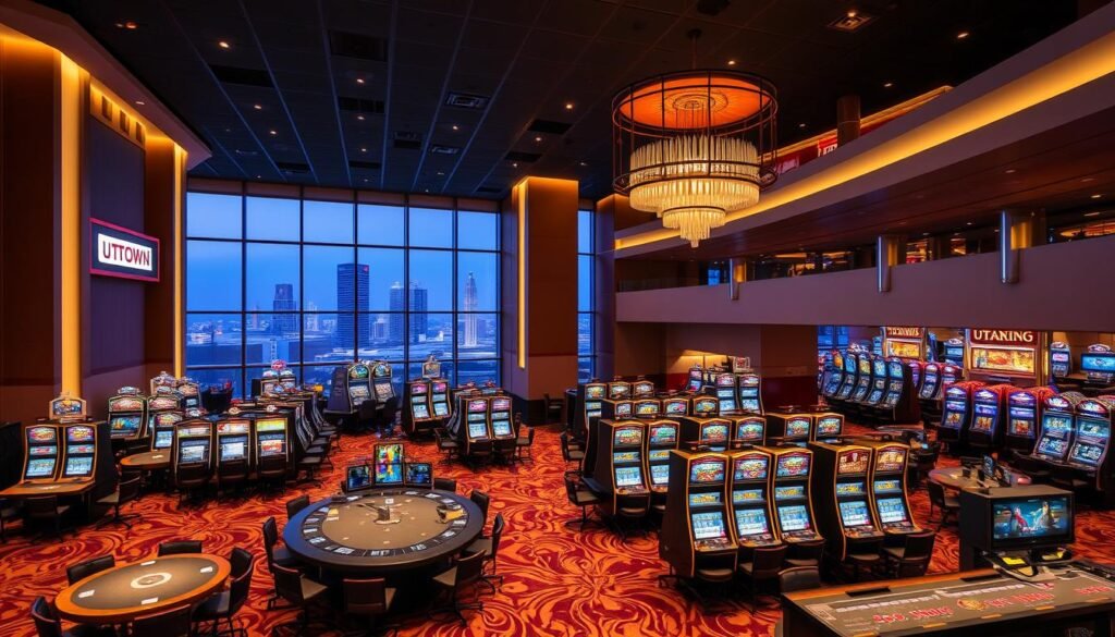A serene and modern UTown entertainment complex, featuring a well-designed casino with elegant interiors bathed in warm lighting. The casino floor showcases a variety of gaming tables and slot machines, all adhering to responsible gambling practices. In the background, the city skyline is visible through large windows, creating a sense of urban sophistication. The overall atmosphere conveys a balanced experience of entertainment and social responsibility. A serene and modern UTown entertainment complex, featuring a well-designed casino with elegant interiors bathed in warm lighting. The casino floor showcases a variety of gaming tables and slot machines, all adhering to responsible gambling practices. In the background, the city skyline is visible through large windows, creating a sense of urban sophistication. The overall atmosphere conveys a balanced experience of entertainment and social responsibility.