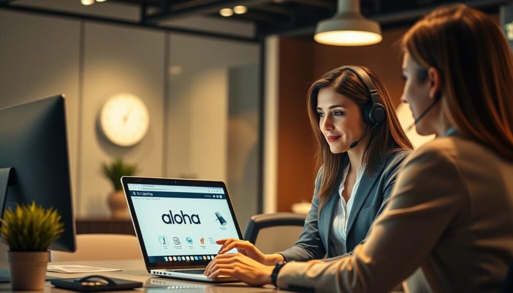 A well-lit, modern office setting featuring a customer service representative from Aloha Lighting assisting a client. The scene showcases the brand's dedication to technical support, with the employee calmly demonstrating the features and functions of an Aloha lighting product on a laptop. The lighting is warm and inviting, creating a professional yet approachable atmosphere. The background features sleek, minimalist decor, emphasizing Aloha's commitment to design and innovation. The overall composition conveys the efficient and personalized nature of Aloha's customer service. A well-lit, modern office setting featuring a customer service representative from Aloha Lighting assisting a client. The scene showcases the brand's dedication to technical support, with the employee calmly demonstrating the features and functions of an Aloha lighting product on a laptop. The lighting is warm and inviting, creating a professional yet approachable atmosphere. The background features sleek, minimalist decor, emphasizing Aloha's commitment to design and innovation. The overall composition conveys the efficient and personalized nature of Aloha's customer service.