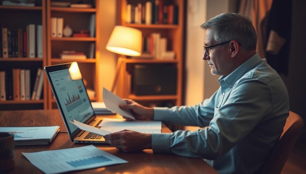 A cozy home office scene with a person sitting at a wooden desk, carefully reviewing financial documents and analyzing data on a laptop screen. Soft, warm lighting from a desk lamp creates a contemplative atmosphere. In the background, shelves display books and financial reports, hinting at the person's expertise in personal finance. The overall composition conveys a sense of thoughtful consideration of one's financial situation, suitable for the "Analysis of Financial Situations Suitable for Private Microlending" section. A cozy home office scene with a person sitting at a wooden desk, carefully reviewing financial documents and analyzing data on a laptop screen. Soft, warm lighting from a desk lamp creates a contemplative atmosphere. In the background, shelves display books and financial reports, hinting at the person's expertise in personal finance. The overall composition conveys a sense of thoughtful consideration of one's financial situation, suitable for the "Analysis of Financial Situations Suitable for Private Microlending" section.