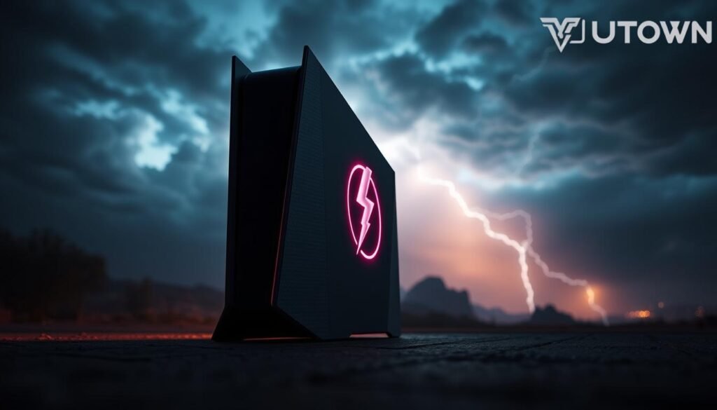 A dramatic evening scene of the UTown "Thor: The Test Version" game console, its sharp angles and bold colors casting an intense glow against a moody, atmospheric backdrop. The foreground showcases the console's sleek design, with careful attention to its textured surfaces and intricate detailing. The middle ground features the game's iconic lightning bolt logo, illuminated and pulsing with energy. In the distant background, a stormy sky filled with swirling clouds and flashes of lightning sets the tone for a high-stakes, thrilling gaming experience.