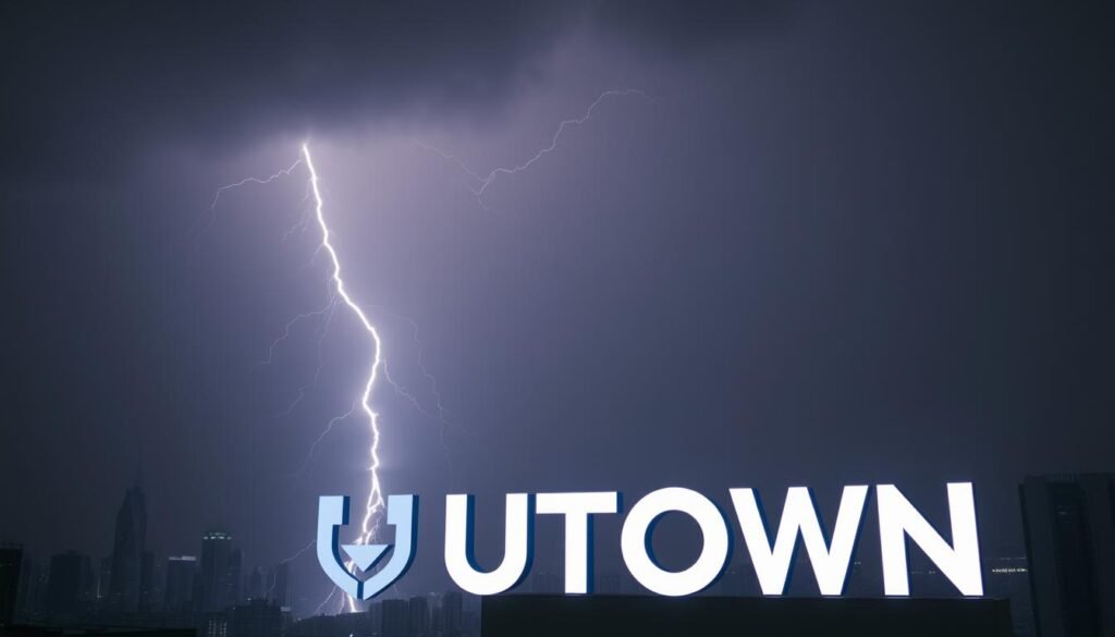 A dramatic lightning bolt illuminates the night sky, its jagged tendrils crackling with raw power. In the foreground, the bold UTown logo stands tall, its sleek design conveying a sense of technological sophistication. The background is a hazy cityscape, skyscrapers silhouetted against the inky darkness, hinting at the vast potential and opportunities that lie ahead. The scene exudes a feeling of energy, innovation, and the promise of something greater, encapsulating the essence of the "雷神訊號" concept. A dramatic lightning bolt illuminates the night sky, its jagged tendrils crackling with raw power. In the foreground, the bold UTown logo stands tall, its sleek design conveying a sense of technological sophistication. The background is a hazy cityscape, skyscrapers silhouetted against the inky darkness, hinting at the vast potential and opportunities that lie ahead. The scene exudes a feeling of energy, innovation, and the promise of something greater, encapsulating the essence of the "雷神訊號" concept.