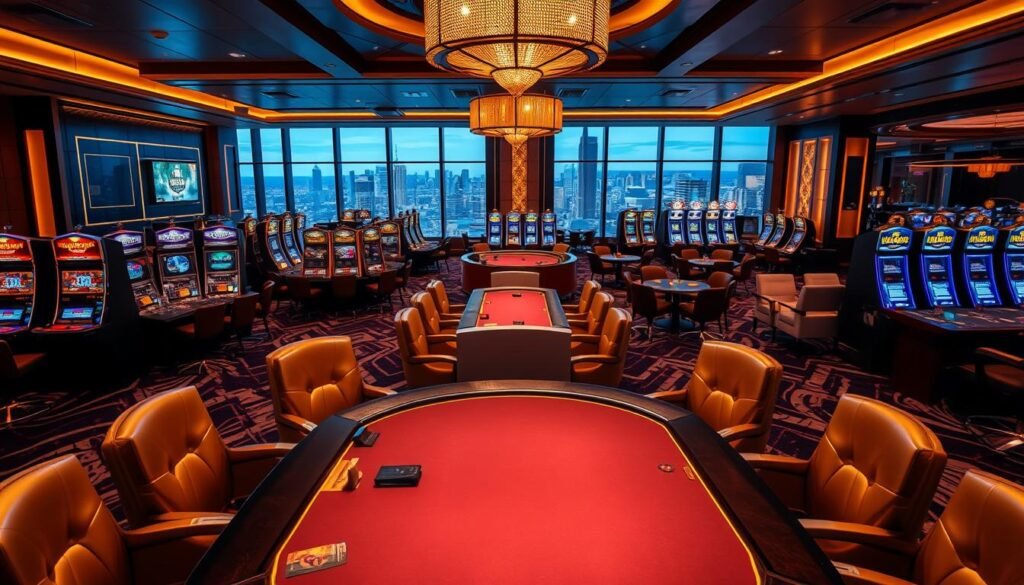 A modern and sleek interior of the high-end UTown casino, bathed in warm, ambient lighting. The foreground features a luxurious gaming table surrounded by plush leather chairs, with subtle details like gold accents and polished wood surfaces. In the middle ground, a panoramic view of the casino floor reveals rows of state-of-the-art slot machines and card tables, all adorned with the UTown logo. The background showcases an expansive, elegant lounge area with comfortable seating, complemented by sophisticated decor and floor-to-ceiling windows that offer a breathtaking cityscape. The overall atmosphere exudes an air of sophistication, exclusivity, and a premium gaming experience. A modern and sleek interior of the high-end UTown casino, bathed in warm, ambient lighting. The foreground features a luxurious gaming table surrounded by plush leather chairs, with subtle details like gold accents and polished wood surfaces. In the middle ground, a panoramic view of the casino floor reveals rows of state-of-the-art slot machines and card tables, all adorned with the UTown logo. The background showcases an expansive, elegant lounge area with comfortable seating, complemented by sophisticated decor and floor-to-ceiling windows that offer a breathtaking cityscape. The overall atmosphere exudes an air of sophistication, exclusivity, and a premium gaming experience.