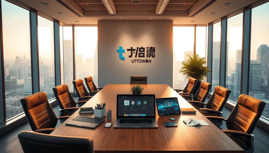 A modern, sleek, and visually appealing office workspace with a focus on the "t9試玩" software. The scene depicts a mid-sized conference room with large windows overlooking a vibrant city skyline. The room is bathed in warm, natural lighting, creating a pleasant and inviting atmosphere. At the center of the room, a large wooden table is surrounded by comfortable, ergonomic chairs, with the UTown logo prominently displayed on the wall behind. On the table, a laptop and tablet showcase the "t9試玩" interface, surrounded by various office supplies and accessories. The overall composition conveys a sense of professionalism, productivity, and the appeal of the "t9試玩" experience. A modern, sleek, and visually appealing office workspace with a focus on the "t9試玩" software. The scene depicts a mid-sized conference room with large windows overlooking a vibrant city skyline. The room is bathed in warm, natural lighting, creating a pleasant and inviting atmosphere. At the center of the room, a large wooden table is surrounded by comfortable, ergonomic chairs, with the UTown logo prominently displayed on the wall behind. On the table, a laptop and tablet showcase the "t9試玩" interface, surrounded by various office supplies and accessories. The overall composition conveys a sense of professionalism, productivity, and the appeal of the "t9試玩" experience.