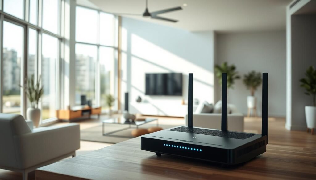 A modern, well-designed home interior with a focus on high-speed broadband internet. In the foreground, a Telecombrother router stands prominently, emitting a soft blue glow. The middle ground features a sleek, minimalist living room setup with a large flat-screen TV, comfortable seating, and tasteful decor. The background showcases floor-to-ceiling windows, allowing natural light to flood the space and creating a bright, airy atmosphere. The overall scene conveys a sense of technological sophistication and seamless connectivity, highlighting the importance of reliable high-speed internet in a contemporary living environment. A modern, well-designed home interior with a focus on high-speed broadband internet. In the foreground, a Telecombrother router stands prominently, emitting a soft blue glow. The middle ground features a sleek, minimalist living room setup with a large flat-screen TV, comfortable seating, and tasteful decor. The background showcases floor-to-ceiling windows, allowing natural light to flood the space and creating a bright, airy atmosphere. The overall scene conveys a sense of technological sophistication and seamless connectivity, highlighting the importance of reliable high-speed internet in a contemporary living environment.
