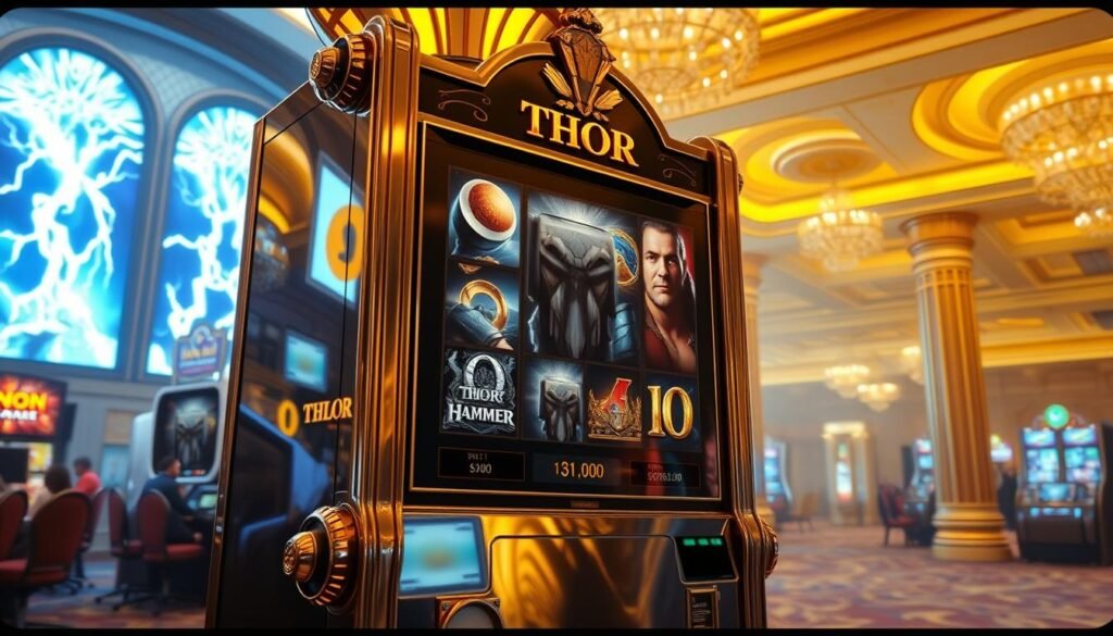 A towering, mechanical slot machine stands in the foreground, its sleek chrome frame and glossy black display reflecting the warm, golden light of an ornate UTown casino. The machine's reels feature striking Norse-inspired imagery - a colossal hammer, thunder-filled skies, and the mighty visage of the Thundergod himself. The machine's size and imposing presence command attention, evoking a sense of power and anticipation. In the middle ground, the casino's opulent decor is visible, with plush carpeting, gilded columns, and the faint sounds of chatter and clinking glasses. The background fades into a hazy, dreamlike atmosphere, hinting at the excitement and potential rewards that await the player who dares to spin the reels of the "Thor's Hammer" slot machine. A towering, mechanical slot machine stands in the foreground, its sleek chrome frame and glossy black display reflecting the warm, golden light of an ornate UTown casino. The machine's reels feature striking Norse-inspired imagery - a colossal hammer, thunder-filled skies, and the mighty visage of the Thundergod himself. The machine's size and imposing presence command attention, evoking a sense of power and anticipation. In the middle ground, the casino's opulent decor is visible, with plush carpeting, gilded columns, and the faint sounds of chatter and clinking glasses. The background fades into a hazy, dreamlike atmosphere, hinting at the excitement and potential rewards that await the player who dares to spin the reels of the "Thor's Hammer" slot machine.
