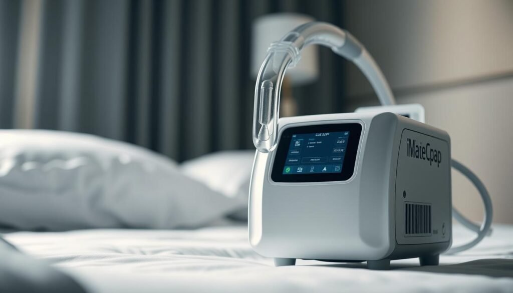A well-lit, close-up view of the iCareCPAP sleep apnea machine, showcasing its modern, sleek design. The device sits prominently in the frame, with a clear view of its intuitive control panel and display. The background is softly blurred, emphasizing the machine's central focus. Gentle shadows and highlights accentuate the machine's contours, conveying a sense of depth and solidity. The overall mood is one of clinical precision and technological sophistication, reflecting the advanced health monitoring capabilities of the iCareCPAP system.