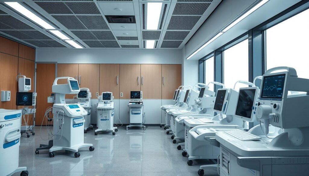 Generate an image of a professional respiratory care center with various sleep apnea machines on display.