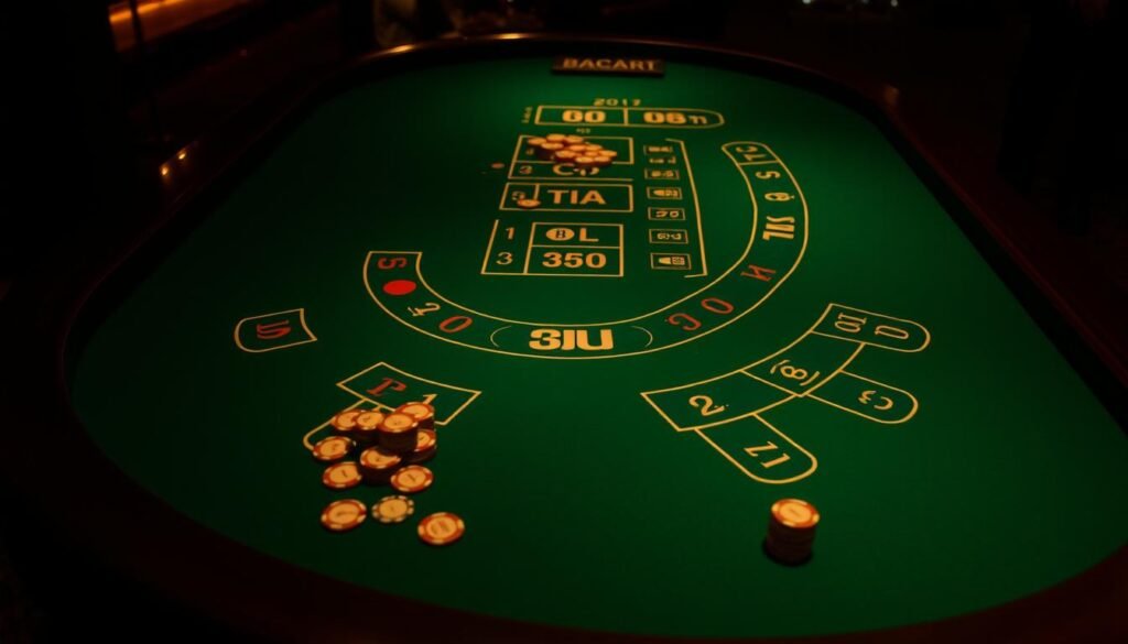 A dimly lit casino table with a green felt surface, elegant wooden edges, and subtle lighting creating a warm, inviting atmosphere. The table is adorned with the classic baccarat layout, featuring the distinct player and banker positions, along with the areas for betting on a tie, player, or banker. The arrangement of the table and chips creates a visually striking composition, showcasing the intricate rules and gameplay of this captivating casino game. The scene conveys a sense of sophistication and the allure of the baccarat experience, inviting the viewer to delve deeper into understanding the nuances of this time-honored game.