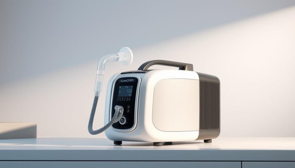 A highly detailed, photorealistic rendering of a state-of-the-art iCareCPAP respiratory device. The machine has a sleek, modern design with a digital display and intuitive controls. The device is situated on a clean, minimalist desk, bathed in soft, directional lighting that accentuates its metallic and plastic components. The background features a neutral, out-of-focus backdrop, allowing the respiratory machine to be the central focus. The overall scene conveys a sense of clinical precision and medical efficacy, suitable for illustrating the important role of respiratory devices in the management of chronic respiratory diseases.