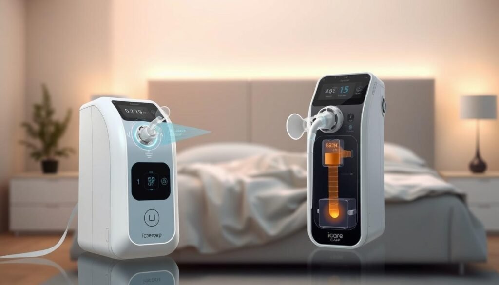 A sleek, modern iCareCPAP sleep apnea machine stands prominently in the foreground, its clean white design and intuitive controls showcasing the latest advancements in sleep therapy technology. In the middle ground, a detailed cross-section diagram illustrates the internal workings and airflow mechanism of the device, highlighting its ability to precisely monitor and regulate a patient's breathing during sleep. The background softly fades into a tranquil, minimalist bedroom setting, conveying the sense of comfort and restfulness that the iCareCPAP machine is designed to promote. Warm, directional lighting casts a gentle glow, accentuating the machine's form and creating a soothing, therapeutic atmosphere.