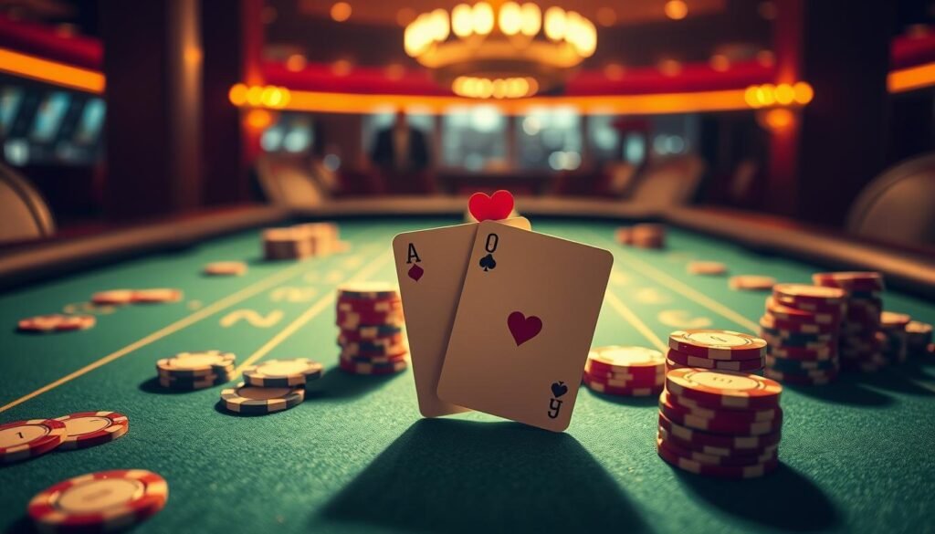 A visually striking tabletop scene showcasing the essential rules and mechanics of the classic casino game, Baccarat. The table is illuminated by warm, ambient lighting, casting a soft glow over the green felt surface. Elegant casino chips in various denominations are neatly arranged, hinting at the strategic gameplay. In the center, a pair of stylized playing cards are displayed, representing the core objective of the game - to have a hand value closest to 9. The composition is balanced, with a sense of depth and perspective that draws the viewer's eye towards the key elements. The overall atmosphere evokes the sophisticated ambiance of a high-end casino, inviting the viewer to immerse themselves in the intricacies of Baccarat.