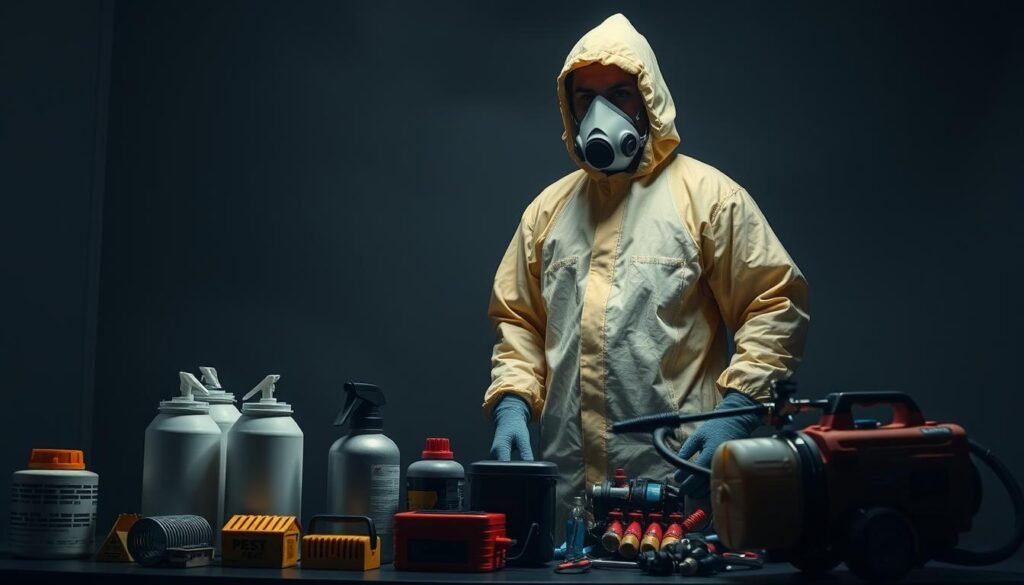 A professional pest control service technician, dressed in a full-body iCareCPAP hazmat suit, stands in a dimly lit room. The worker's face is obscured by a protective mask, and their hands are encased in thick gloves. In the foreground, a variety of specialized pest control equipment is neatly arranged, including aerosol canisters, traps, and a high-powered sprayer. The background is hazy, suggesting the use of insecticides or fumigants. The overall atmosphere conveys a sense of diligence, safety, and the methodical nature of effective pest eradication.