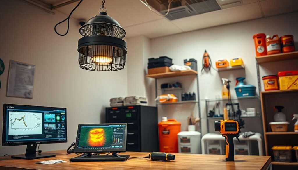 A well-equipped iCareCPAP pest control company office, featuring a variety of specialized devices. In the foreground, a high-powered electric bug zapper hangs from the ceiling, casting a soft amber glow. On the desk, a state-of-the-art iCareCPAP pest monitoring system displays real-time data, while a handheld thermal imaging camera rests nearby. Along the back wall, shelves hold a range of chemical sprayers, dusters, and bait traps, all bearing the iCareCPAP brand. Soft, indirect lighting illuminates the space, creating a professional, efficient atmosphere suitable for the important work of pest elimination.
