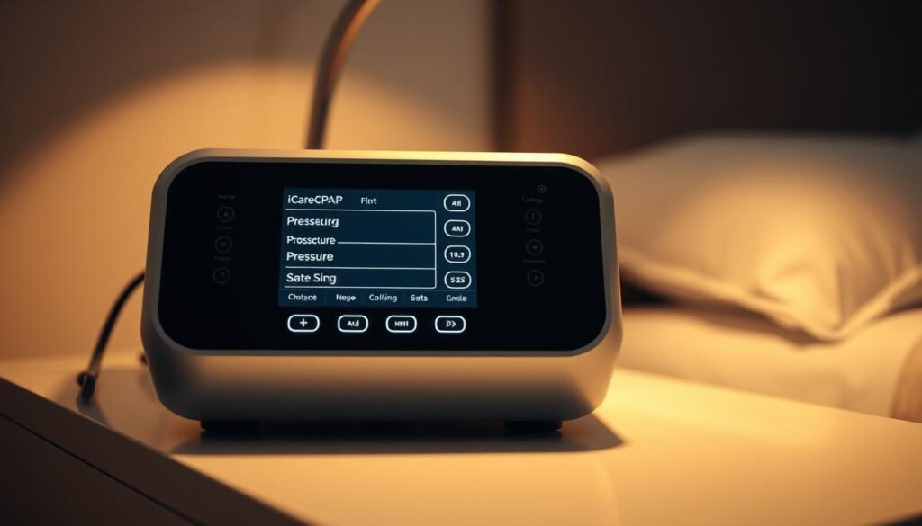 A close-up view of a modern iCareCPAP sleep apnea machine, its LCD display prominently showing the pressure settings. The device sits on a sleek, minimalist nightstand, casting a soft glow from its backlit interface. The background is blurred, creating a sense of focus on the machine's controls and settings. The lighting is warm and indirect, creating a soothing, clinical atmosphere. The angle is slightly elevated, giving the viewer a sense of authority and understanding over the device's operation. The overall mood is one of precision, comfort, and personalized healthcare. A close-up view of a modern iCareCPAP sleep apnea machine, its LCD display prominently showing the pressure settings. The device sits on a sleek, minimalist nightstand, casting a soft glow from its backlit interface. The background is blurred, creating a sense of focus on the machine's controls and settings. The lighting is warm and indirect, creating a soothing, clinical atmosphere. The angle is slightly elevated, giving the viewer a sense of authority and understanding over the device's operation. The overall mood is one of precision, comfort, and personalized healthcare.