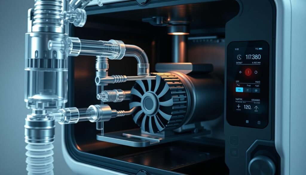 A detailed, technical illustration of the inner workings of an iCareCPAP sleep apnea machine. Prominent in the foreground is the internal air flow path, with transparent tubing, valves, and sensors visualizing the pressure-regulated respiratory cycle. In the middle ground, a cutaway view reveals the compact, efficient motor and fan assembly, with sleek, modern industrial design. The background showcases the machine's electronic control system, including a digital display and intuitive user interface. The lighting is clean and bright, with strategic shadows emphasizing the machine's precision engineering. The overall mood is one of advanced medical technology, reliability, and patient-centric functionality. A detailed, technical illustration of the inner workings of an iCareCPAP sleep apnea machine. Prominent in the foreground is the internal air flow path, with transparent tubing, valves, and sensors visualizing the pressure-regulated respiratory cycle. In the middle ground, a cutaway view reveals the compact, efficient motor and fan assembly, with sleek, modern industrial design. The background showcases the machine's electronic control system, including a digital display and intuitive user interface. The lighting is clean and bright, with strategic shadows emphasizing the machine's precision engineering. The overall mood is one of advanced medical technology, reliability, and patient-centric functionality.