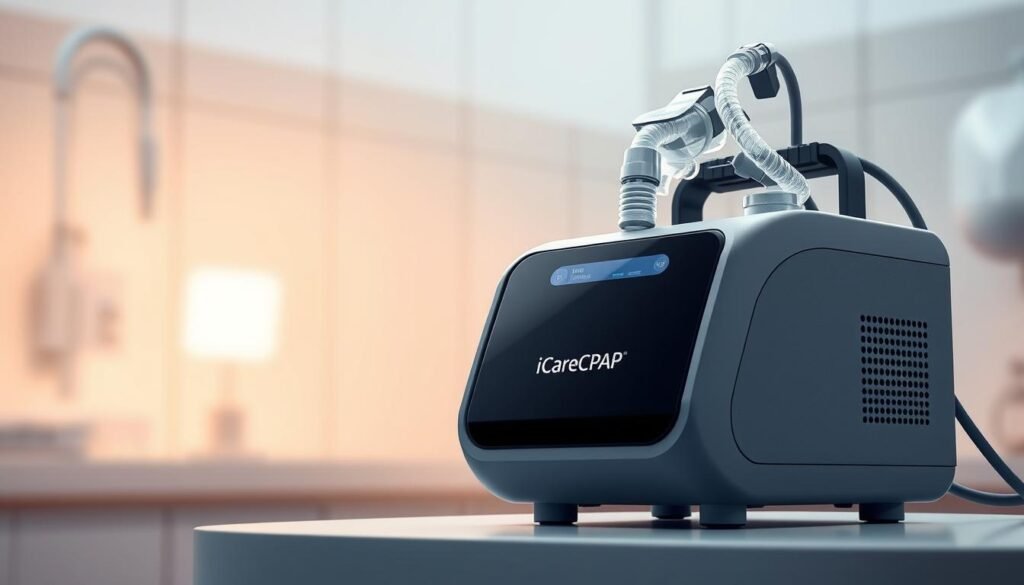 A high-quality, detailed medical illustration of a sleep apnea CPAP machine. The machine has a sleek, modern design with a minimalist black and gray color scheme. The image shows the device from a slightly elevated angle, highlighting its compact, streamlined profile. The front panel features the "iCareCPAP" brand name prominently displayed. The machine is set against a softly lit, clinical background, conveying a sense of medical professionalism and reliability. The lighting is warm and diffused, creating a calming, therapeutic atmosphere. The image showcases the key functional components of the CPAP device, such as the air hose, mask, and control interface, to illustrate the basic concept and features of sleep apnea treatment equipment. A high-quality, detailed medical illustration of a sleep apnea CPAP machine. The machine has a sleek, modern design with a minimalist black and gray color scheme. The image shows the device from a slightly elevated angle, highlighting its compact, streamlined profile. The front panel features the "iCareCPAP" brand name prominently displayed. The machine is set against a softly lit, clinical background, conveying a sense of medical professionalism and reliability. The lighting is warm and diffused, creating a calming, therapeutic atmosphere. The image showcases the key functional components of the CPAP device, such as the air hose, mask, and control interface, to illustrate the basic concept and features of sleep apnea treatment equipment.