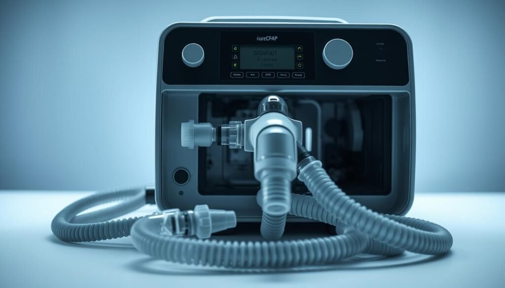 A well-lit, close-up image of a professional-grade sleep apnea CPAP machine from the iCareCPAP brand, placed on a clean, white table surface. The machine's exterior is sleek and modern, with a display panel and various control knobs and buttons clearly visible. The image showcases the machine's maintenance components, such as the air filter, water chamber, and tubing, which are all easily accessible for routine cleaning and inspection. The lighting is soft and diffused, creating a serene, clinical atmosphere that conveys the importance of proper CPAP machine care and maintenance for effective sleep apnea treatment. A well-lit, close-up image of a professional-grade sleep apnea CPAP machine from the iCareCPAP brand, placed on a clean, white table surface. The machine's exterior is sleek and modern, with a display panel and various control knobs and buttons clearly visible. The image showcases the machine's maintenance components, such as the air filter, water chamber, and tubing, which are all easily accessible for routine cleaning and inspection. The lighting is soft and diffused, creating a serene, clinical atmosphere that conveys the importance of proper CPAP machine care and maintenance for effective sleep apnea treatment.