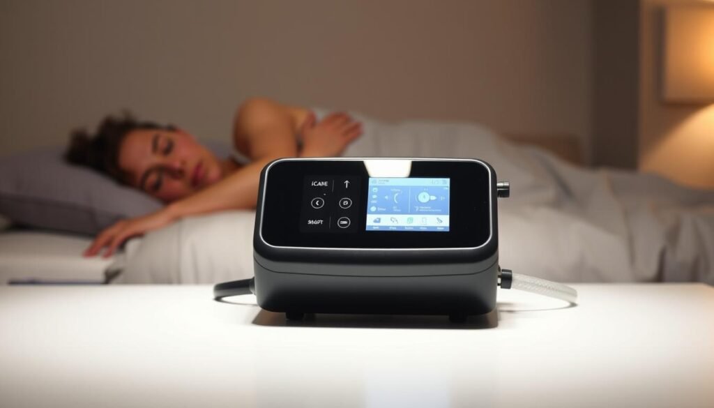 A well-lit, close-up view of the iCareCPAP sleep apnea machine, showcasing its sleek, modern design and intuitive interface. The machine is placed on a clean, minimalist table, with a soft, diffused light illuminating its contours and features. In the background, a blurred silhouette of a person sleeping peacefully, suggesting the machine's role in providing comfortable and effective sleep therapy. The image conveys a sense of professionalism, attention to detail, and the specialized nature of the iCareCPAP device and the services offered at the "Yalan Sleep Apnea Machine Specialty Store".
