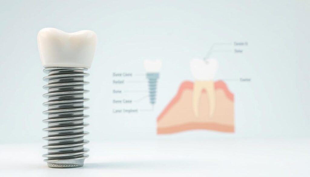 A detailed, educational illustration of dental implants, focusing on their basic concept and structural components. In the foreground, a realistic, high-resolution model of a dental implant, showcasing the titanium post, abutment, and crown with intricate textures. In the middle layer, a diagrammatic representation of the jawbone, illustrating where the implant is placed, with labeled parts such as the bone and gum tissue. The background features a soft gradient, subtly transitioning from light blue to white to evoke a clinical and clean atmosphere. The lighting should be bright and even, highlighting the details of the implant and diagram. The overall mood is informative and professional, suitable for a medical audience, emphasizing clarity and precision in the representation of dental implants. A detailed, educational illustration of dental implants, focusing on their basic concept and structural components. In the foreground, a realistic, high-resolution model of a dental implant, showcasing the titanium post, abutment, and crown with intricate textures. In the middle layer, a diagrammatic representation of the jawbone, illustrating where the implant is placed, with labeled parts such as the bone and gum tissue. The background features a soft gradient, subtly transitioning from light blue to white to evoke a clinical and clean atmosphere. The lighting should be bright and even, highlighting the details of the implant and diagram. The overall mood is informative and professional, suitable for a medical audience, emphasizing clarity and precision in the representation of dental implants.